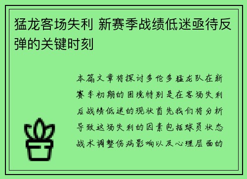 猛龙客场失利 新赛季战绩低迷亟待反弹的关键时刻