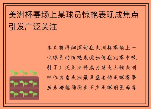 美洲杯赛场上某球员惊艳表现成焦点引发广泛关注