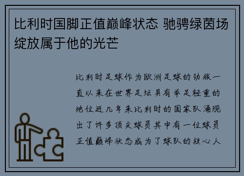 比利时国脚正值巅峰状态 驰骋绿茵场绽放属于他的光芒