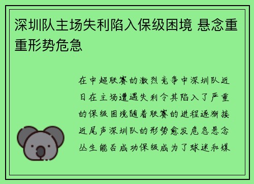 深圳队主场失利陷入保级困境 悬念重重形势危急