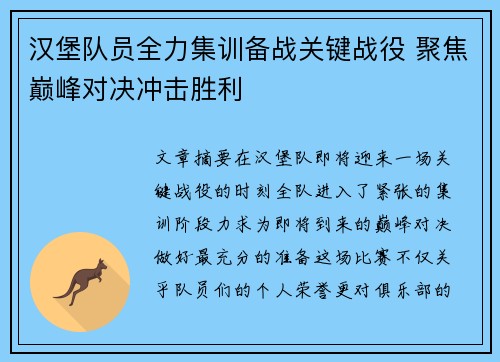 汉堡队员全力集训备战关键战役 聚焦巅峰对决冲击胜利