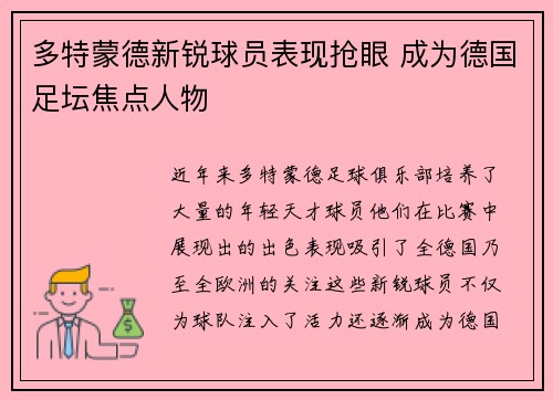 多特蒙德新锐球员表现抢眼 成为德国足坛焦点人物