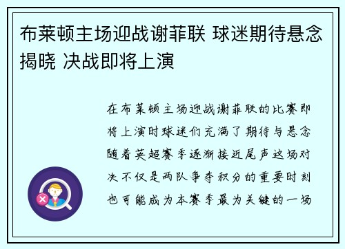 布莱顿主场迎战谢菲联 球迷期待悬念揭晓 决战即将上演