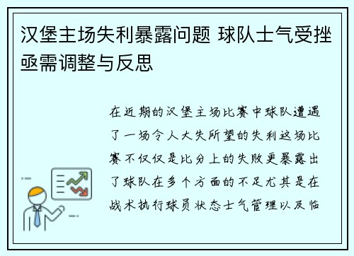 汉堡主场失利暴露问题 球队士气受挫亟需调整与反思
